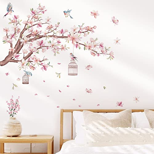wondever Wandtattoo Blumen Rosa Magnolie Wandsticker Vögel auf Ast Baum | Abziehen und Aufkleben, Abziehbar, Wandaufkleber Selbstklebend für Schlafzimmer Wohnzimmer Flur Sofa Hintergrund Wanddeko