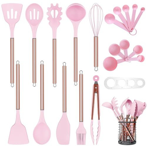 Arquiel Kitchen Utensil Set w/ Holder，22 Pcs Silicone Cooking Utensils Set Nonstick Cookware，Heat Resistance Spatula Set，Stainless Steel Handle Kitchen Gadgets Utensils Set(Pink)，Pink & Gold (HX0110)