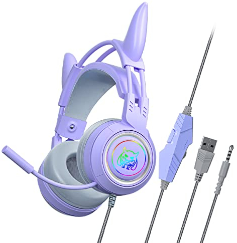 fesoklaf Niedliche Gaming-Kopfhörer mit Mikrofon, RGB-Kabel, mit Geräuschunterdrückung, Over-Ear-Kopfhörer mit abnehmbaren Dämonen-Hörnern für Gamer/Luftschlangen/Cosplay, Violett