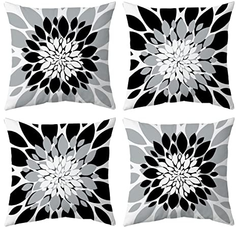 Black and Grey Throw Pillow Covers Set of 4 Outdoor Waterproof Pillow Covers Modern Decorative Dahlia Floral Couch Pillowcases for Patio Bedroom Living Room Sofa, 16 x 16, White | Pack of 4, Decorative Outdoor Throw Pillows, Square Pillow Cover for Furniture, Couch, Tent Sunbrella, Bench