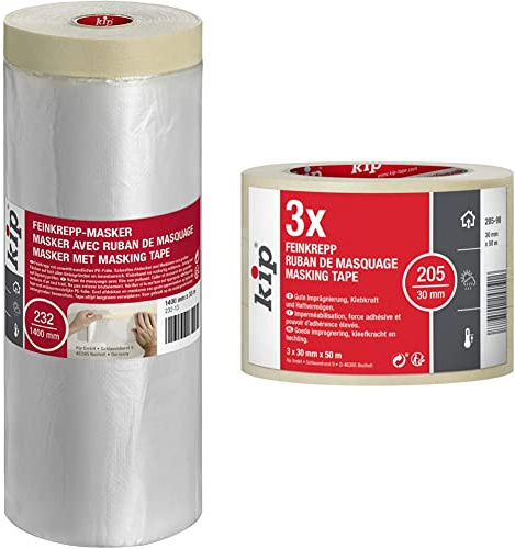 kip Tape 232-13 Feinkrepp-Masker – 1400mm x 33m & Tape 205-98 Feinkrepp – Professionelles Malerkrepp – Imprägniertes Abdeckband zum Streichen & Lackieren – 3 Rollen je 30mm x 50m