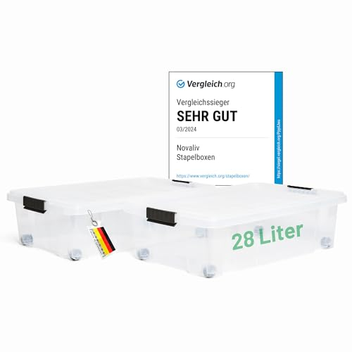 Novaliv 2x Unterbettkommode mit Rollen 28L Aufbewahrungsbox Deckel transparente Nestbar stapelbare mit Clipverschluss Rollkiste BPA-frei 61x40x17 cm