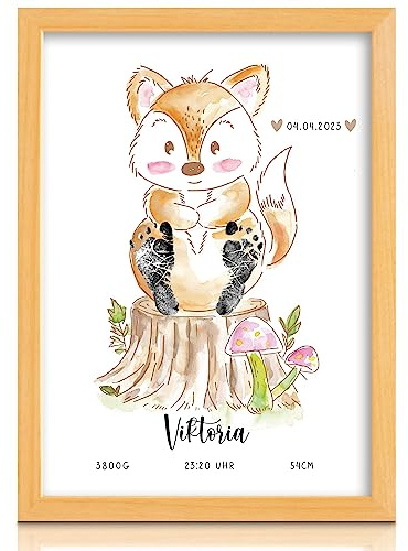 Milaboo® personalisiertes Tierbild DIN A4 mit Baby-Fußabdruck Fuchs | Geburtsposter für das Kinderzimmer I besonderes Geschenk zur Geburt (Farbe nicht enthalten)