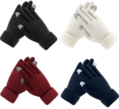 Premillow Womens Winter Gloves - 4 Pairs Touchscreen Winter Gloves for Women, Warm Glove with Elastic Cuff Knit Glove for Women Cold Weather, Black,Blue,Red,White