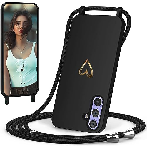 CaseLover Handyband für Samsung Galaxy A54 5G Hülle mit Band, Schwarz | Herz Muster, Silikon Necklace Handyhülle mit Abnehmbar Kordel zum Umhängen, Stossfest Bumper Handy Schutzhülle Case