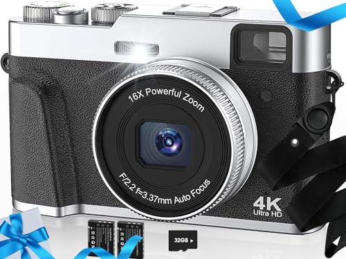 HICSHON DC202L-AF - Fotocamera digitale 4K con scheda SD, punto e scatto da 48 MP, mirino e quadrante flash, fotocamera anti-shake, zoom 16x, 2 batterie, DC202L-AF