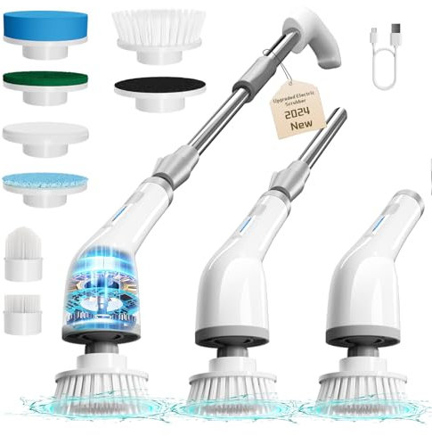 Kiseely Electric Spin Scrubber, Upgraded Cordless Cleaning Brush with 8 Replaceable Cleaning Heads, Power Cleaning Tool Shower Scrubber for Floor Wall Tile Car (X1)