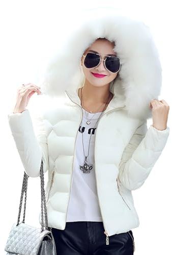 ANUFER Femmes Mode Doudoune Matelassée Coupe Ajustée Hiver Manteau Court avec Capuche en Fausse Fourrure SD5A1012 Blanc M