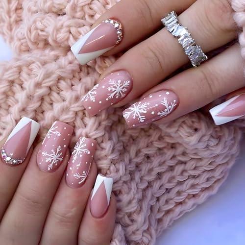Ceboic 24 Stück Press on Nails Mittel, Square Künstliche Nägel Weihnachten Schneeflocke Nägel Zum Aufkleben mit Strass, Rosa Glossy Kunstnägel Selbstklebend Acryl Fingernägel Fake Nails für Frauen