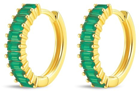 GOLDENCAT Pendientes Magic Dorados, Pendientes Aro Circonitas, Aros Pequeños con Piedras, Argollas Zircon, Aretes, Diámetro aro 15 mm, Grosor del aro 2 mm, Plata de Ley 925 Baño Oro, Zircon Verde