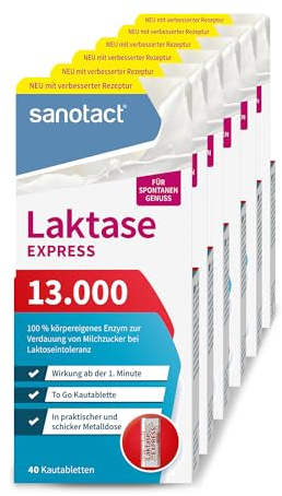 sanotact Laktase 13.000 EXPRESS (6 x 40 Laktasetabletten) • Laktose Tabletten mit Sofortwirkung • Bei Laktoseintoleranz & Milchunverträglichkeit • Für spontanen Genuss von Milchprodukten