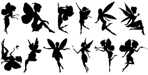 Pack of 12 Fairy Stickers 5cm/2 Tall - Waterproof Decals - Fairies Gifts - Use on Laptops, Cars, Water Bottles, Scrapbooking, Party Bags (Extra Small Pack, Black)
