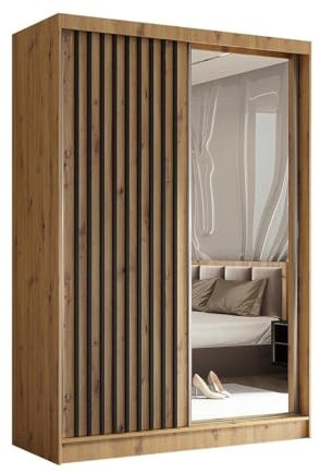 BEAUTY SOFA Helix - Armoire avec Miroir - Armoire avec Portes coulissantes et lamelles - Armoire penderie, Multi-usages, Couloir - Largeur 150cm - Artisan & Couleur lamelles Noir