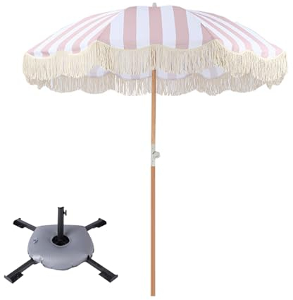 HESHEQ Gartenschirm Strandschirm 200cm Terrassenschirm mit Fransen Regenschirm mit Quaste for draußen UPF50+ Hochwertiger Stahlmast und Rippen Druckknopf Neigung(Size:Pink)