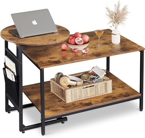 WLIVE Coffee Table Set of 2, Round C-Shaped Side Table with Storage and 2-Tier Square Table, Steel & Wood, Customizable Layout for Living Room, 48cm & 80cm Coffee Table, Rustic Brown
