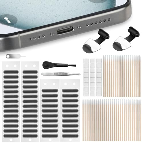 AXFEE Adhesivos para Rejilla de Altavoz de Móvil, Kit de 108 Unidades-A | Protectores de Calcomanías a Prueba de Polvo, Tapón Antipolvo para Altavoz, con 2pcs Puerto de Carga USB C Tapón Antipolvo
