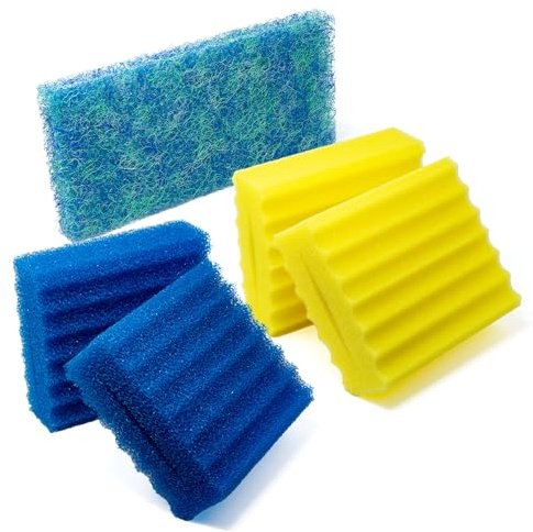 VIALIA 5X Filterschwämme Ersatzteil Set für SunSun CBF Kammerfilter | 2 Blaue und 2 gelbe Schwämme, 1x Filtermatte, hohe Wasserdurchlaufmenge, einfache Reinigung