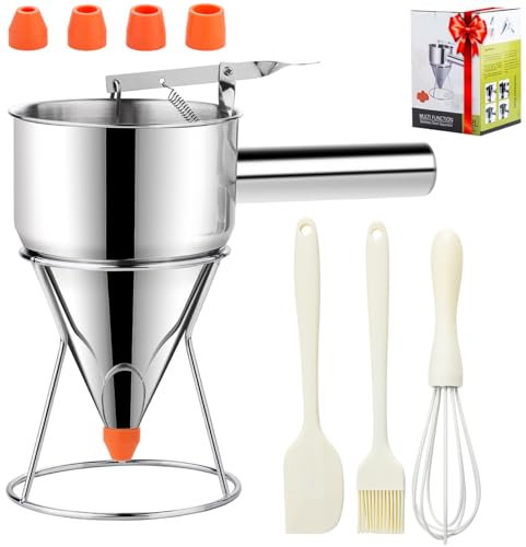 Shofilt Distributeur de pâte à crêpes en acier inoxydable avec 4 buses en silicone, parfait pour les crêpes, cupcakes et gâteaux entonnoirs