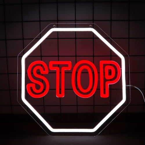 WittyRhE STOP Neon Signs Warning Neon Lights Wall Decor for Parking Garage, Apartment Complex,Garage, Gate,Home 12.2 x 12.2 IN-USB Powered-Acrylic