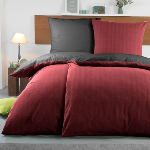BaSaTex Biber Uni Bettwäsche Set - Bettbezug 4 teilig 2X 135x200 + 2X 80x80 Kissenbezug - kuschelige warme Winter Flausch Bettgarnitur - Anthrazit Bordeaux