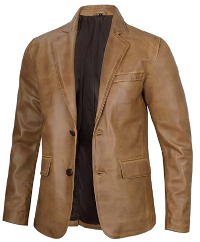 fjackets Blazer de cuero para hombre, abrigos de piel de cordero real para hombre, Camel - Blazer de cuero para hombre, M
