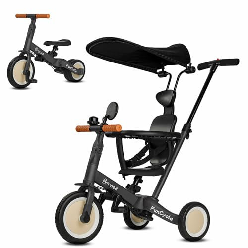 BRONEA® 5-in-1 Dreirad ab 1 Jahr mit Schubstange | Wächst mit Ihrem Kind vom Kinderdreirad bis Laufrad | Mit Gurt, Dach & Zubehör wie Getränkehalter, Spiegel, Klingel (Grau)