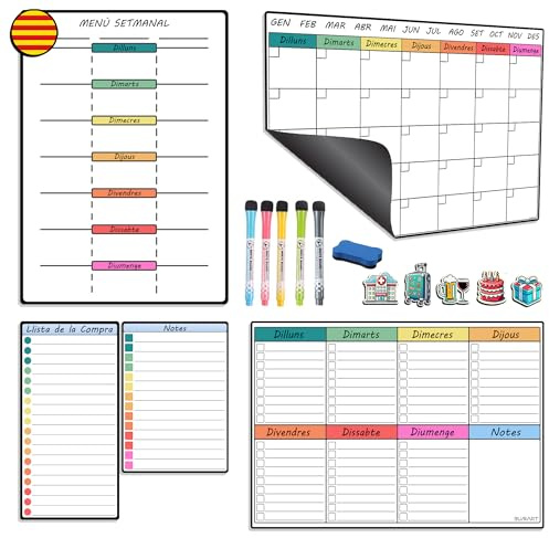 En Catalá - Pizarra Nevera Magnética - Set de 5 Piezas con Calendario Magnético Nevera, Menú Semanal, Lista de Notas y Compras - Organizador Semanal con 6 Bolígrafos y Borrador