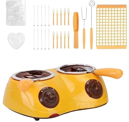 Melting Chocolate Pot, Double Pots Electric Chocolate Mini Fondue Set, Dipping Pot with DIY Mold Trays & Forks, Chocolate Marshmallow Warming Machine for Candy Cheese Home (UK Standard -Yellow)