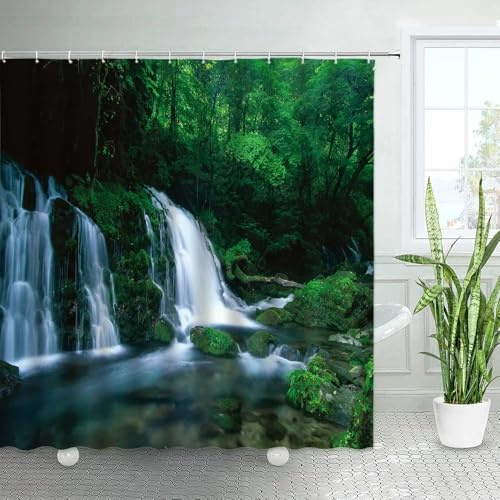 Duschvorhang 180x200 mit Wasserfall Im Grünen See, Bedruckte Badezimmervorhänge mit Natürlicher Wald Dschungellandschaft, Wasserdichtes Badezimmer /Badewannen Dekor Set aus Stoff mit Haken, Stil 8