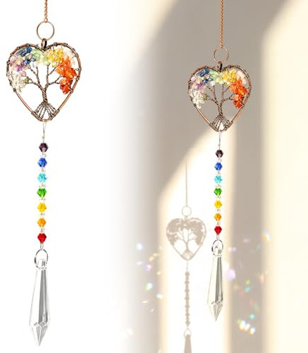 Crystal Sun Catchers for Windows,Tree of Life Tandem Natural Quartz Gemstone Pendant Rainbow Maker Suncatcher,Natural Chakra Healing Crystal Stone Spiritual Gifts for Women Garden Decoration