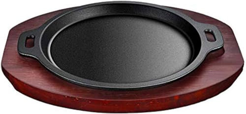 Planchet de steak de pizza en fonte pré assaisonnée avec poignée et base en bois pour le restaurant approvisionnement de la maison et accessoire de cuisine de cuisine idéal pour les viandes de
