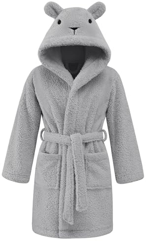 Niwicee Peignoirs de Bain Enfant Garçon Fille Vêtements de Nuit Enfant Peignoir Ultra Doux et Léger Robe de Chambre 3-8 ans, Loungewear avec 2 poches, ceinture, capuche (Gris foncé, 5-6 ans)