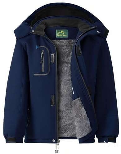 GQDSZ Boy's Waterproof Ski Jacket, Warm Fleece Lined Winter Snow Windproof Jackets, Hooded Ski Coat, Navy, 14-16