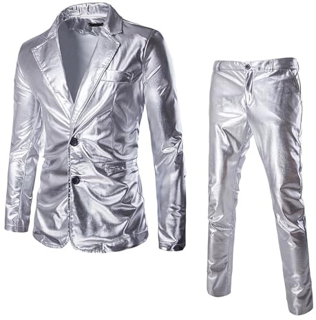 Generisch Trolley Business Shiny Two Piece Suit for Men, Open, Slim Fit, One Button and Trousers, Solid Colour, Two Piece Suit Set Men's Down Vest, silver, M