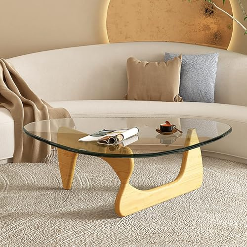 NZVZGKTNTW Dreieckiger Tisch Mit Glasplatte – Moderner Abstrakter Couchtisch Im Mid-Century-Stil Mit Holzsockel, Kleine Mitteltische for Wohnzimmer, Home Office Und Apartment(Clear-Natural)
