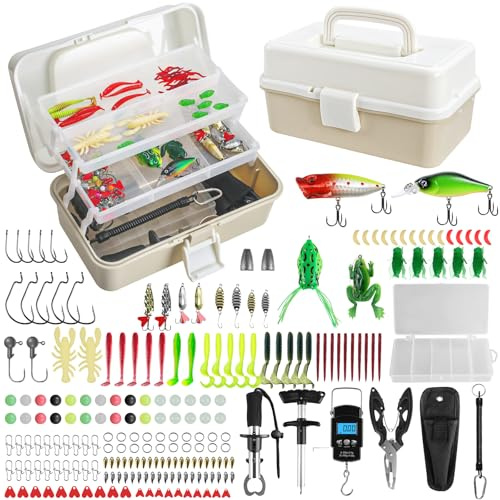 Juego de accesorios de pesca de 213 piezas, maletín de 3 estantes con accesorios, juego de pesca con cebo para truchas, perca, gancho, pinzas de pesca, juego de señuelos de pesca de agua dulce y
