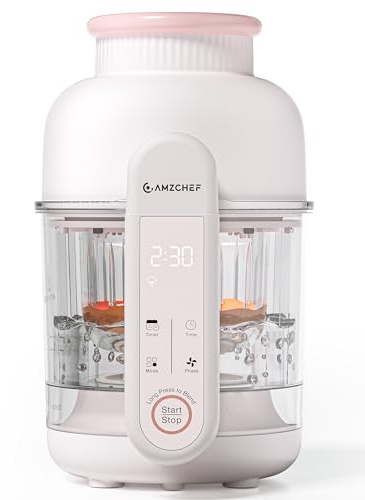 AMZCHEF 6-in-1 Babynahrungszubereiter mit Dampfgarer & Mixer, Auto-Reinigung, 1–24H Timer, 350ml Glasbehälter, BPA-frei, Texturen für 6–12 Monate
