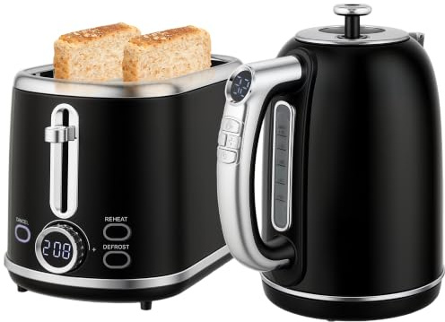 HOMCOM Digital Kettle and Toaster Set LED Screen 1.7L 3000W 2 Slice Black | 3Hr Keep Warm Memory Function, 12 Temperatures Control, 6 Browning Controls, Crumb Tray