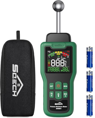 Feuchtigkeitsmessgerät, SQECH Feuchtigkeitsmesser mit Thermometer, Taschenlampe, Alarm, Multifunktionaler Feuchtemessgerät mit Farb-LCD, für Wand, Holz, Mauerwerk,Wohnwagen, Wohnung