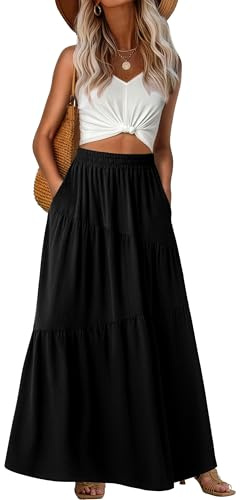 GRECERELLE Dam sommar lång hög midja boho-kjolar dam vardaglig maxi vardaglig elastisk elegant blommig A-linjekjol med fickor för kvinnor UK, Svart, L