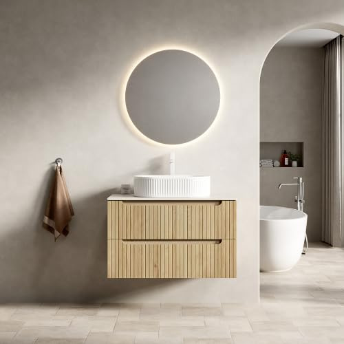 DHWDS Lavabo da incasso sospeso 80 cm, lavabo in ceramica con piastra travertino, 2 cassetti soft close, armadio da bagno preassemblato, rovere bianco