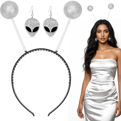 Byffoer Alien Haarreif Silver,Space Haarreif Fühler Kopfschmuck mit 2 Bällen & Alien-Ohrringe,Glitzer Disco Kugel Alien Stirnband Kopfschmuck Kostüm Accessoire Karneval & Fasching Haarschmuck Deko