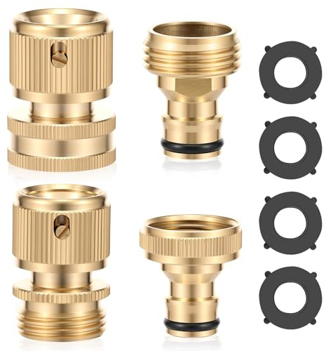 Garden Hose Quick Connect Fitting Heavy Duty Brass 3/4'' GHT Male Female Thread Quick Connector Kit with 4 Sealing Washer Leak Proof and Up to 600PSI for Outdoor Garden Watering