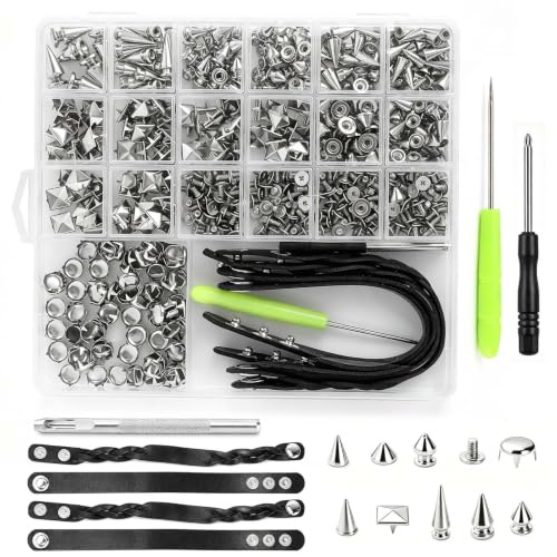 SLIAXINT Juego de 559 Piezas de Tachuelas para Ropa,Remaches para Cuero | Remaches de Tornillo Punk Plateados para DIY,Chaquetas,Cinturones,Bolsos y Zapatos de Cuero