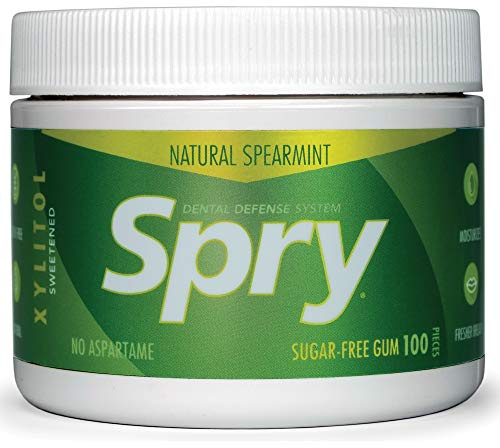 Spry Fresh Chicle Natural con Xilitol Sistema de Defensa Dental sin Aspartamo sin Azúcar sin OGM sin Gluten (Spearmint, 100 Count - Pack of 1)