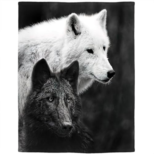 Dick Decke Weich Wärme Gemütlich Flanell-Fleece Sofadecke Deckeldecke Schwarze Und Weiße Wölfe Die Entfernung Betrachten 150 x 200 cm