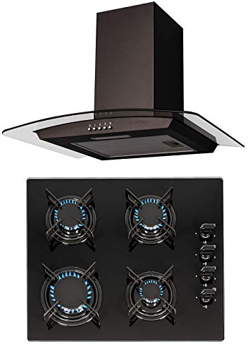 SIA 60cm Black 4 Burner Gas On Glass Hob And Curved Glass Cooker Hood Extractor