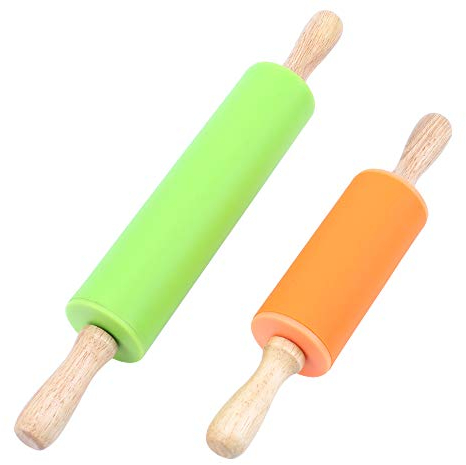 AILANDA 2pcs Teigrolle Silikon Antihaft Oberfläche Nudelholz Kinder Holzgriff Orange Grün 22cm für Kinder Pizza Knete Backen