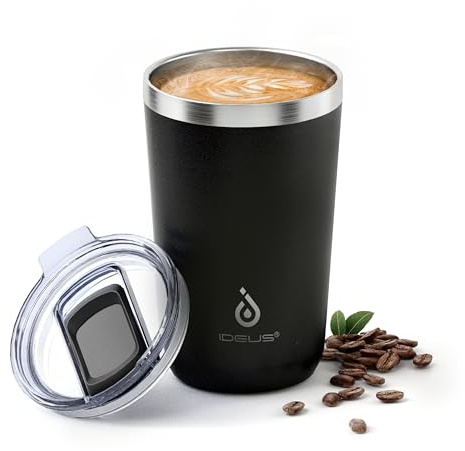 Ideus 20 oz Tumbler, Travel Coffee Mug with Splash Proof Sliding Lid, Double Wall Stainless Steel Vacuum Insulated Coffee Mug for Home and Office, Keep Beverages Hot or Cold, Black