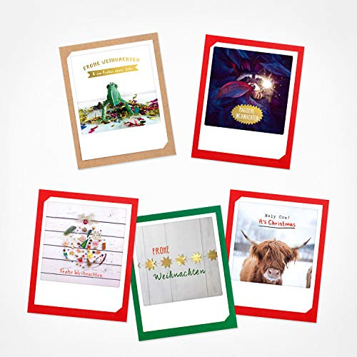 PICKMOTION Set med 5 fotogratulationskort med kuvert jul, instagram fotograferingsspårt, handgjorda vikta kort, roliga ordspråk & motiv X-mas, julkort
